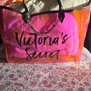 Victoria's Secret Pink and Orange Clear Tote with Black Chain Handles